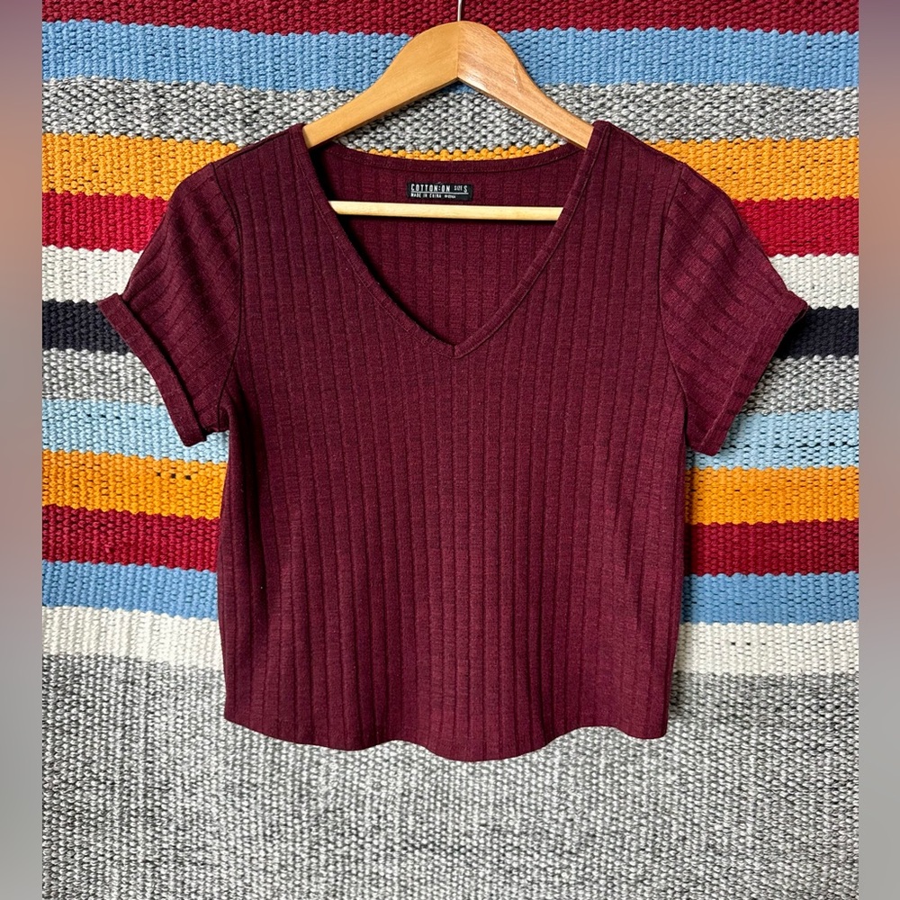Cotton On Ribbed Burgundy V-Neck Tee